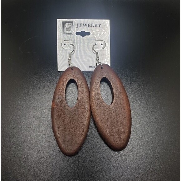 Dark Brown Wood Oval Shape Long Boho Style Earrings - Picture 3 of 5